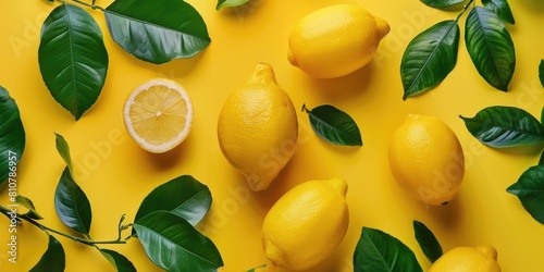 fresh lemons with leaves on yellow background