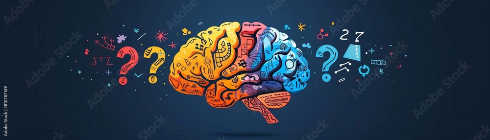 Fototapeta premium An abstract, stylized graphic depicting a brain made up of various game elements like puzzles, mazes, and question marks, symbolizing the cognitive benefits of educational games