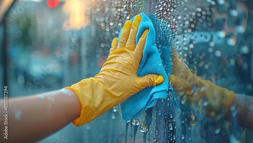 Window cleaner cleaning foggy glass with cloth, cleaning concept image. photo