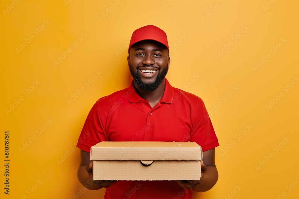 Happy Delivery Man in Red Holding a Pizza Box on Vibrant Yellow Background Happy Delivery Man in Red Holding a Pizza Box on Vibrant Yellow Background