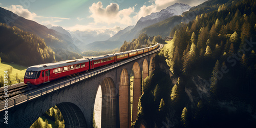 Drone photography aerial view red train on a bridge Transportation Nature Scenery with cloudy background
 photo
