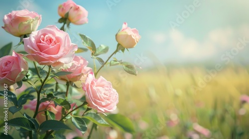 Pink roses and Mother s Day congratulations set against a field backdrop