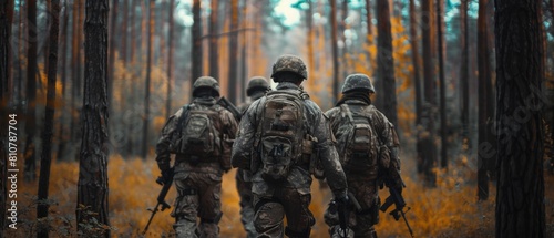 This image shows a squad of five fully equipped soldiers in camouflage on a reconnaissance mission. They're moving in formation through dense forest. Back view.
