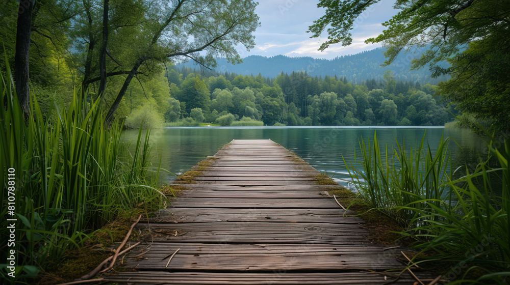Fototapeta premium Serene Nature Escape: Wooden Dock Amidst Lush Greenery, Leading to a Tranquil Lake, Surrounded by Forested Mountains Under a Clear Sky.”