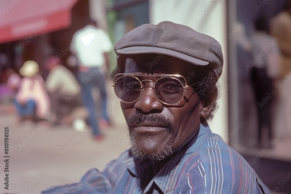 AI generated illustration of an old African man in a cap and glasses sitting on a sidewalk AI generated illustration of an old African man in a cap and glasses sitting on a sidewalk