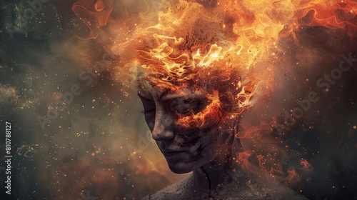 A conceptual depiction featuring a figure with a head engulfed in fiery flames symbolizes intense emotions like anger, stress, or the emergence of a profound idea. photo