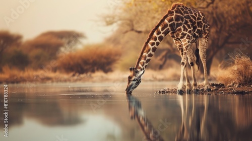 Serene Giraffe Drinking from Lake Side View