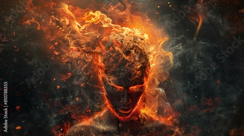 A conceptual depiction featuring a figure with a head engulfed in fiery flames symbolizes intense emotions like anger, stress, or the emergence of a profound idea.