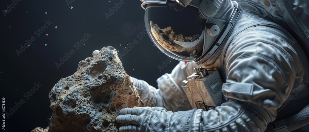Fototapeta premium Space Travel and Exploration, Finding Habitable Planets, Colonization Concept, Astronaut Looking at Recently Found Rock Sample on the Alien Planet.