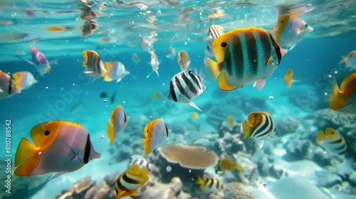 Underwater Shot of Colorful Tropical Fish in Blue Ocean