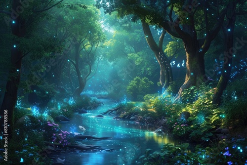 An enchanted forest with magical creatures  glowing plants  ancient trees  a hidden fairy village  mystical ambiance. Resplendent.