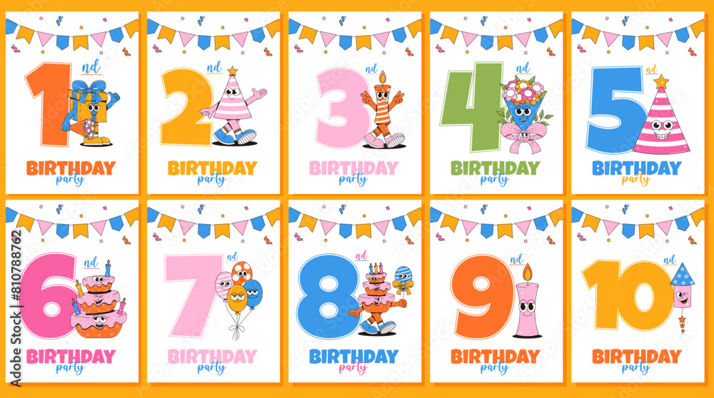 Childrens Happy Birthday party invitation set in retro groovy style. Funky walking character and number 1,2,3,4,5,6,7,8,9,10. Kids vector illustration Childrens Happy Birthday party invitation set in retro groovy style. Funky walking character and number 1,2,3,4,5,6,7,8,9,10. Kids vector illustration