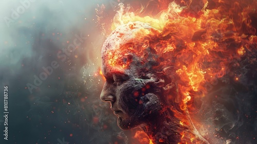 A conceptual depiction featuring a figure with a head engulfed in fiery flames symbolizes intense emotions like anger, stress, or the emergence of a profound idea.