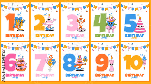 Childrens Happy Birthday party invitation set in retro groovy style. Funky walking character and number 1,2,3,4,5,6,7,8,9,10. Kids vector illustration