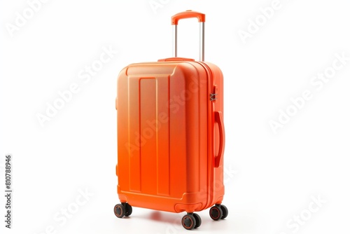 An orange hard shell suitcase with four wheels isolated on a white background symbolizing travel and adventure