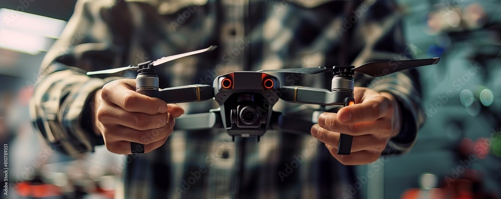 Fototapeta premium Developer creating a custom skin for a personal drone, showcasing customization of consumer electronics