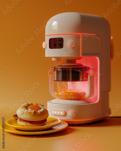 a dish is placed on a yellow plate next to a cooking machine, in the style of light orange and dark beige, robotics kids, light gray and dark crimson, comfycore, resin, soft mist, majismo photo