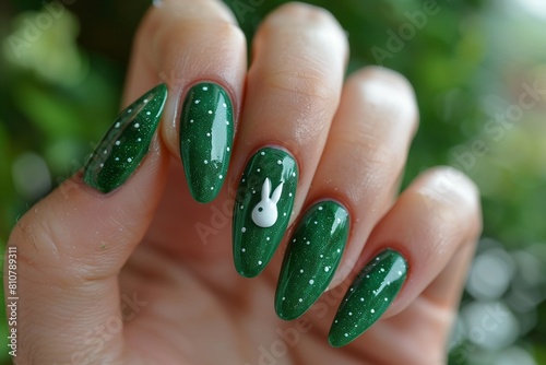 a hand with nails are almondshaped and painted with a vibrant green polish They feature a pattern of small white dots across each nail photo