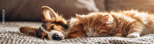 A dog and a cat are sleeping soundly next to each other photo