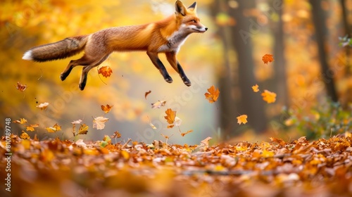 Energetic Red Fox Jumping Amidst Autumn Leaves