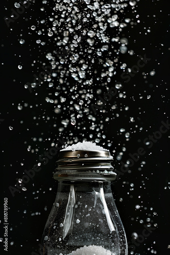 Salt spills out of the salt shaker on a black background. photo