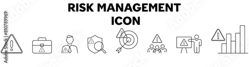 Risk Management web icon set in line style. Risk analysis, risk investment, minimizing losses, plan, low cost, collection. Vector illustration.