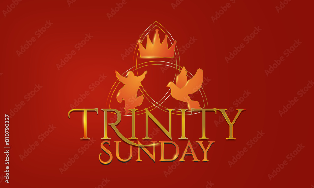 Gold and Red Trinity Sunday Banner Artwork. Metallic Trinity Sunday icons,  crown, Jesus Christ silhouette, holy spirit dove symbols in metal design with the outline of a triquetra. Typographic emblem