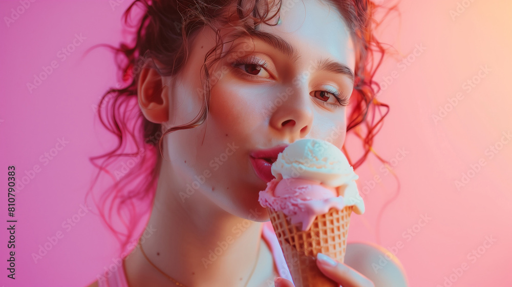 Young brunette woman with a cornet ice cream over isolated background Young brunette woman with a cornet ice cream over isolated background