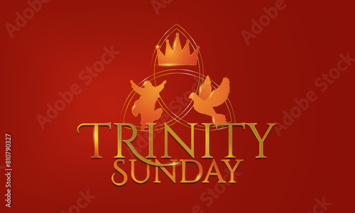 Gold and Red Trinity Sunday Banner Artwork. Metallic Trinity Sunday icons,  crown, Jesus Christ silhouette, holy spirit dove symbols in metal design with the outline of a triquetra. Typographic emblem
