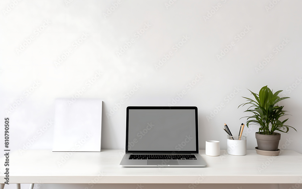 Laptop with blank screen on wooden table in modern office. Mock up, 3D Rendering Laptop with blank screen on wooden table in modern office. Mock up, 3D Rendering