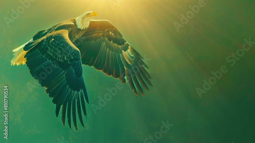 american bald eagle soaring against colorful sky photo