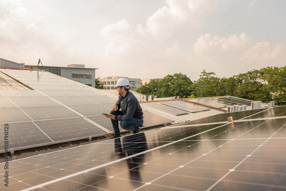 custom made wallpaper toronto digitalService Engineer use tablet working inspection installation solar cell on the roof. Technician maintenance solar cells on roof factory. Technology solar energy renewable.