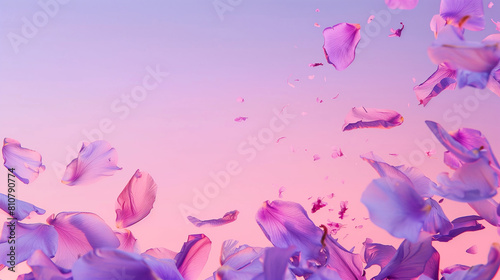 Tender romantic background with flying flower petals  Magical flowery violet background