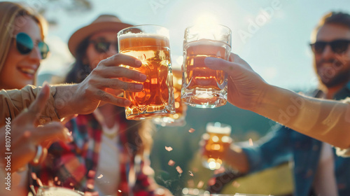 Friends clinking glasses with beer during celebration