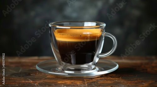 Glass cup with espresso coffee.