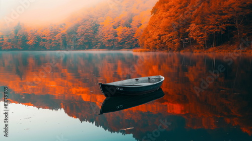 rowboat drifting lazily on a calm lake  surrounded by reflections of autumn foliage