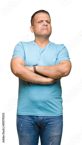 Middle age arab man wearing blue t-shirt over isolated background skeptic and nervous, disapproving expression on face with crossed arms. Negative person. © Krakenimages.com