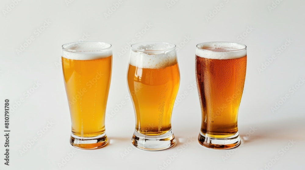 Three glasses of beer featuring lagers and ales are displayed against a clean white backdrop celebrating International Beer Day Three glasses of beer featuring lagers and ales are displayed against a clean white backdrop celebrating International Beer Day