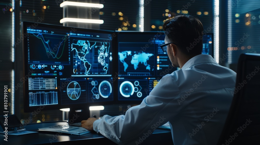scientist utilizes an advanced dashboard to analyze cutting-edge scientific and research data, embodying a futuristic approach to technology.