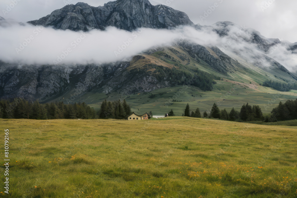 Fototapeta premium Idyllic panoramic view of cows grazing on green alpine meadow with snow-capped mountain peaks