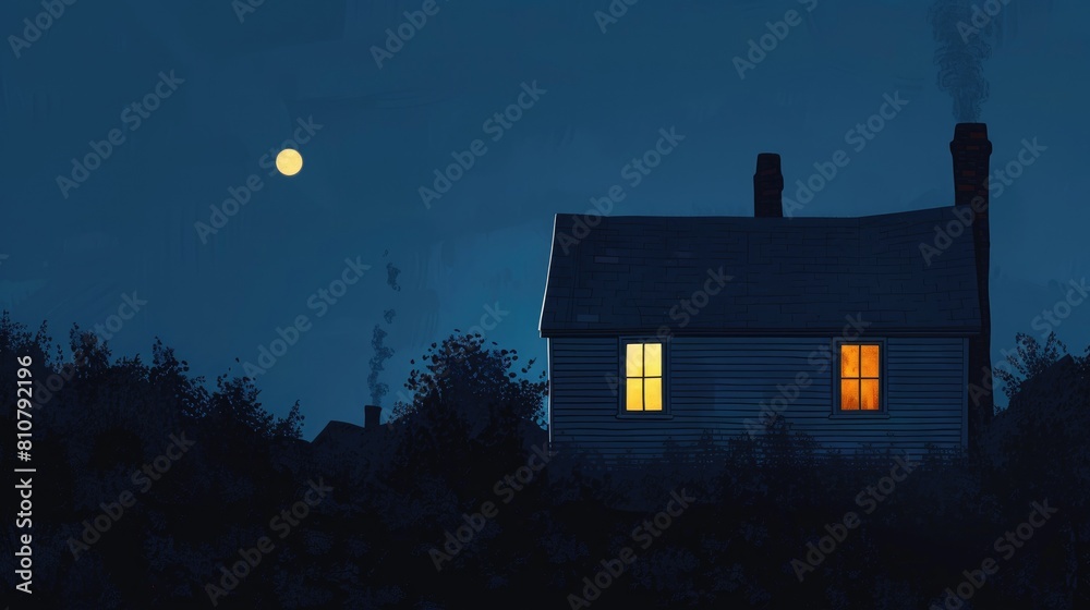 The tranquil night unveils a solitary house window aglow amidst the darkness juxtaposed against the deep blue sky with chimneys silhouetted in the background The tranquil night unveils a solitary house window aglow amidst the darkness juxtaposed against the deep blue sky with chimneys silhouetted in the background