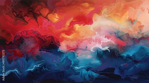 A wide landscape-oriented abstract painting, with fiery red and soothing blue tones photo