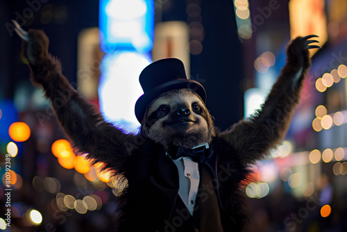 Las Vegas. A sloth in a fedora and bow tie smiling and gesturing at a city event.  Generative AI © Eugen