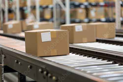 Carton boxes on a conveyor belt in a warehouse, used for storing and managing products in the logistics process.