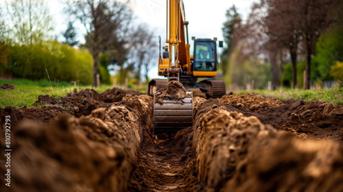 excavator digging a trench at a construction site photo