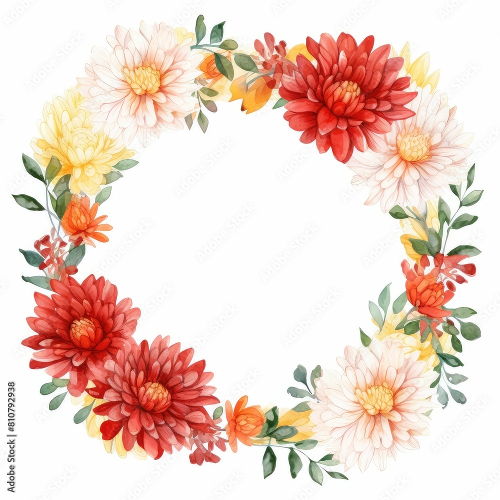 Obraz premium chrysanthemum themed frame or border for photos and text. bold and vibrant blooms. watercolor illustration, wedding invitation card template set with flowers and floral