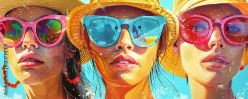 A beach scene with teens sporting summer fashion trends like oversized sunglasses and straw hats  illustrated in a bright  sunny palette