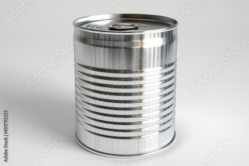 A single metallic tin can with reflective surface isolated on a plain background, signifying packaging, storage, and recycling concepts