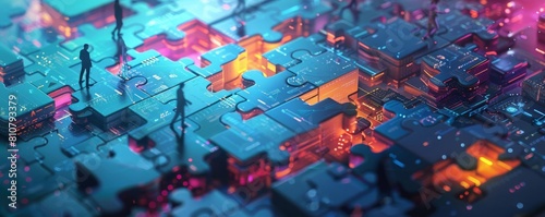 A cybersecurity analyst patching vulnerabilities in a network, shown as a digital puzzle being solved, in a stylized, abstract graphic design