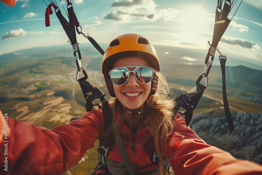 Fototapeta premium Young woman taking selfie while practicing paragliding.